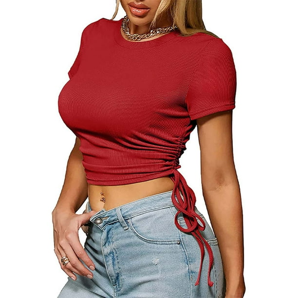 Fiudx Ofertas Flash Del Día Solo En Línea Blusa Casual de Manga Corta con Cuello Redondo y Cordón de Color Sólido para Mujer