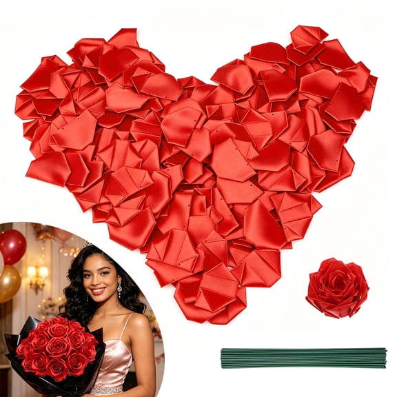 200pcs Red Ribbon Rose Petals with 20 Stems, EEEkit DIY Rose Bouquet Making Kit for Wedding, Valentine's Day