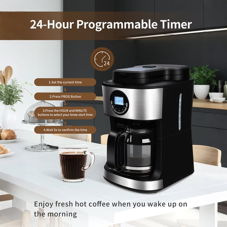 Kuhitley Coffee Maker with Grinder 12 Cups, Programmable Grind and Brew  Coffee Machine with Warming Plate, Automatic Drip Coffee Pot with 60 oz  Glass ...