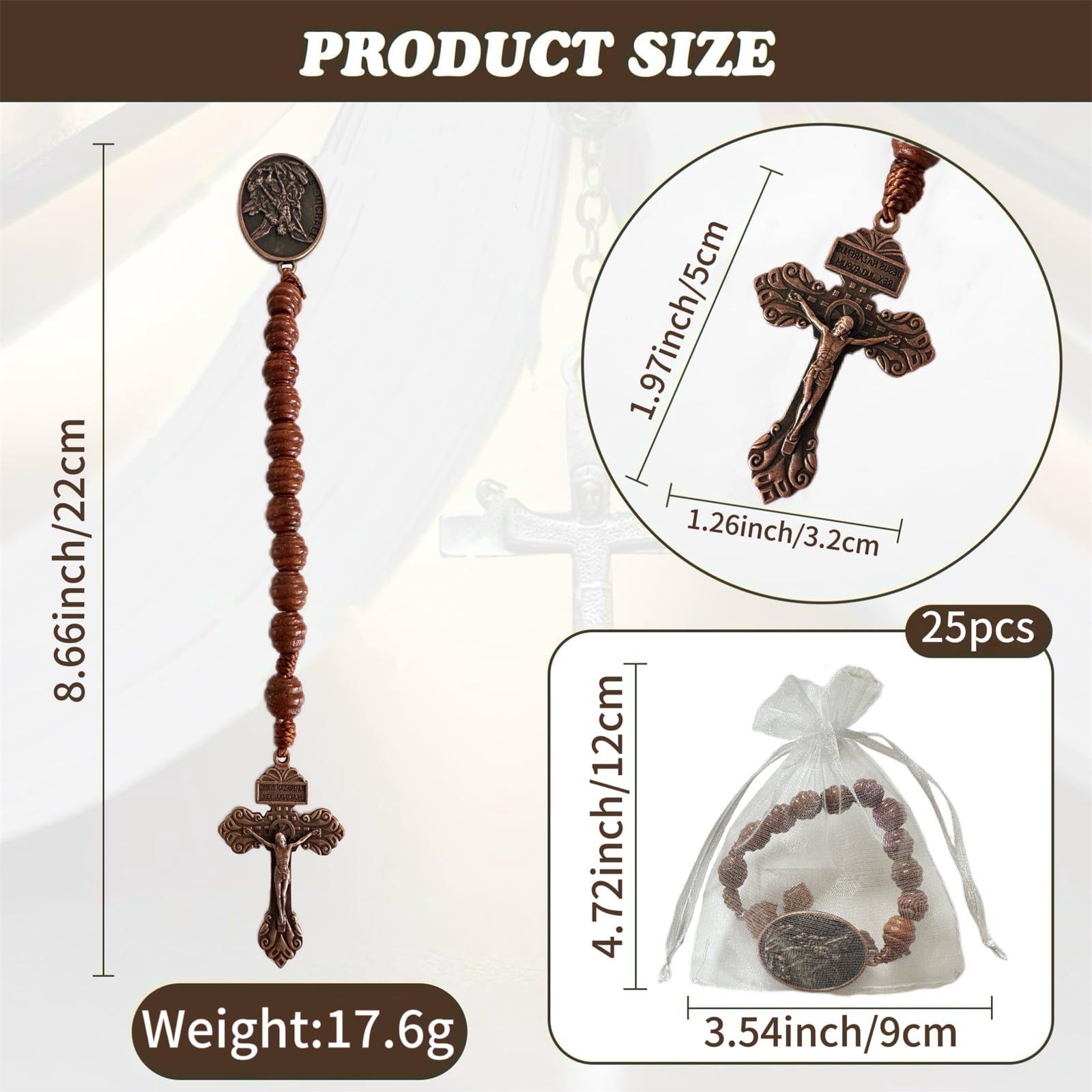 25PCS Baptism Favor Saint Michael Archange Pocket Rosary with Organza Bags, Handmade Wooden Beads Cross Necklace, Catholic Christian Prayer Gift
