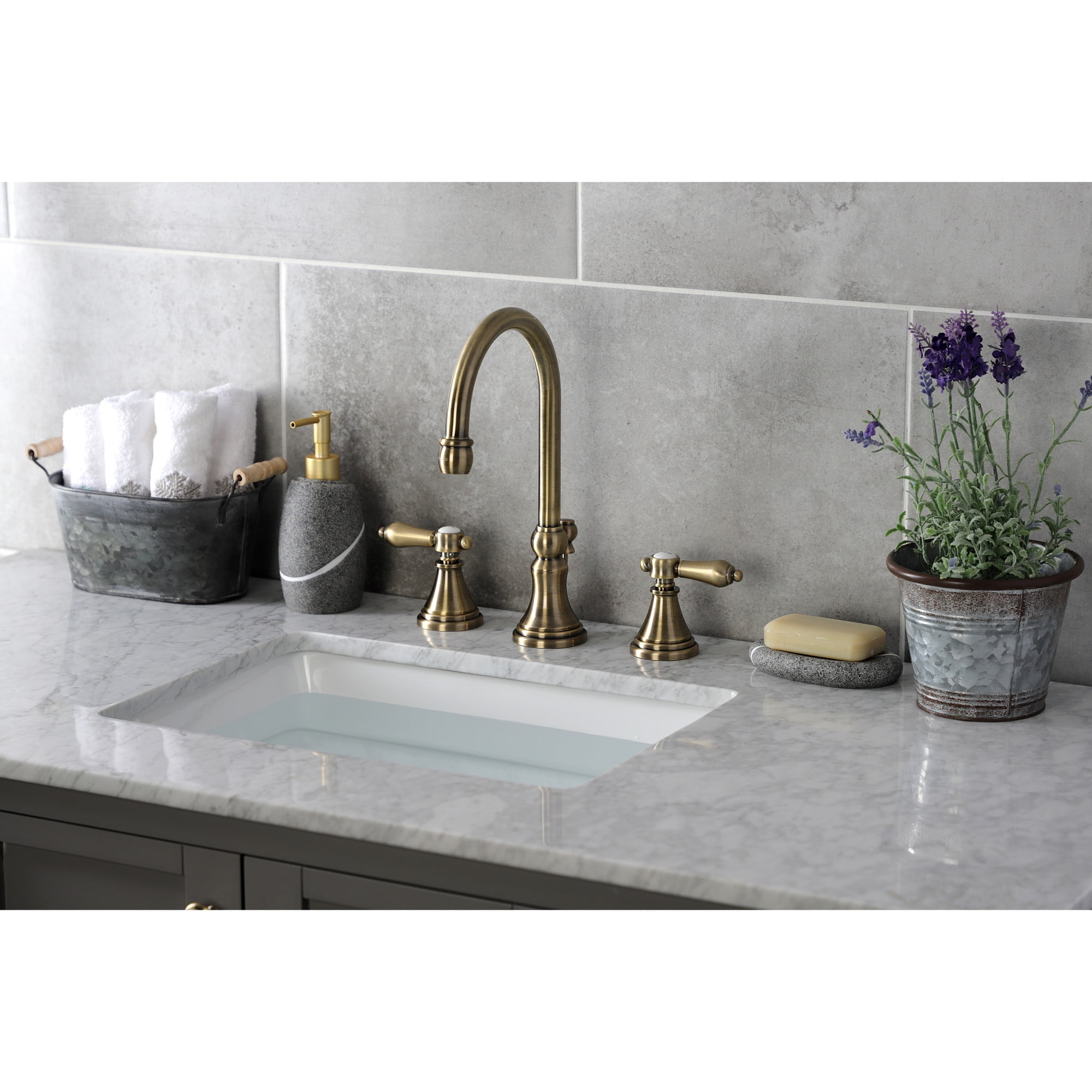 Kingston Brass KS2983BAL Heirloom Widespread Bathroom Faucet with Brass Pop-Up, Antique Brass