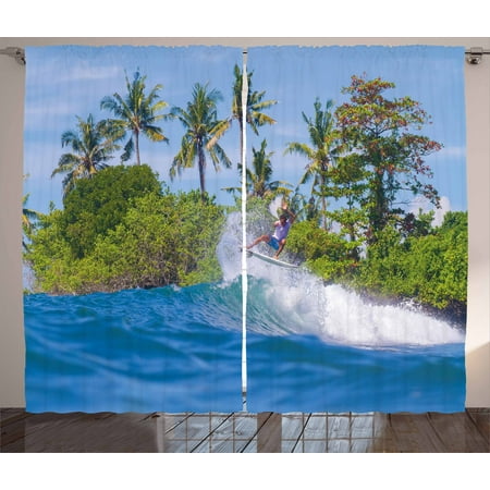 Bali Wave - Ride The Wave Curtains 2 Panels Set, Surfer in Ocean by Bali Island Palm Trees Dreamy Nature Scenery, Window Drapes for Living Room Bedroom, 108W X 108L Inches, Fern Green Violet Blue, by Ambesonne