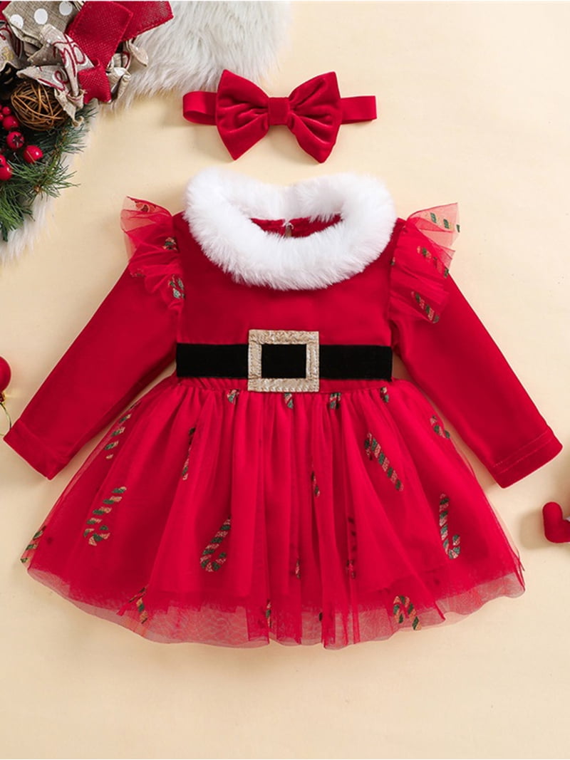 Suealasg Baby Girls 2Pcs Christmas Clothes 3 6 12 18 24 Months Infant Girls  Long Sleeve Tulle Princess Dress Headband Christmas Holiday-themed Dress  for Newborn Girls - Walmart.com
