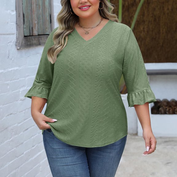 EOYWHK Athletic Tops for Women Plus Size Shirts ,3/4 Sleeve Tops for Women Ruffle Sleeve Crew Neck Loose Fit Solid Color Pullover Basic Tees ,L-5XL