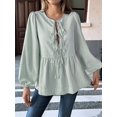thumbnail image 2 of Womens Lace Up Tie Font Y2k Tops Puff Sleeve V Neck Blouse Loose Fit Summer Cute Clothes Light Green L, 2 of 6