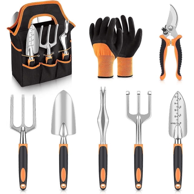 Garden Tool Set 8 Piece, Heavy Duty and Lightweight Aluminium Alloy Tools with Non-Slip Ergonomic Handle, Durable Storage Tote Bag, Gardening Hand Too