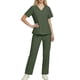 thumbnail image 1 of Conjuntos de uniforme médico para mujer, informal, cuello en V, manga corta, camiseta y pantalones con cintura elástica, color liso, 2 piezas, con bolsillos, 1 of 9