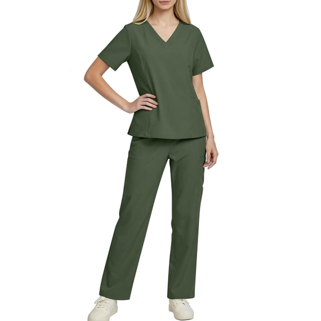 Nuoqisi Scrubs for Women Set Stretch Solid Color V-Neck Short-Sleeved Scrub Tops & Pant Quick Drying Solid Medical Nurse Uniform with Pockets