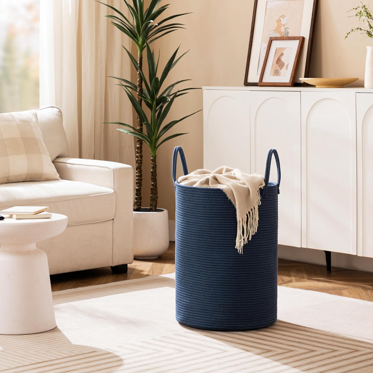 TT-Laundry Basket, 72L Woven Laundry Hamper, Baby Nursery Hamper for Toys, Blanket Basket for Living Room, Clothes Hamper for Bedroom&Baby Room, Blue