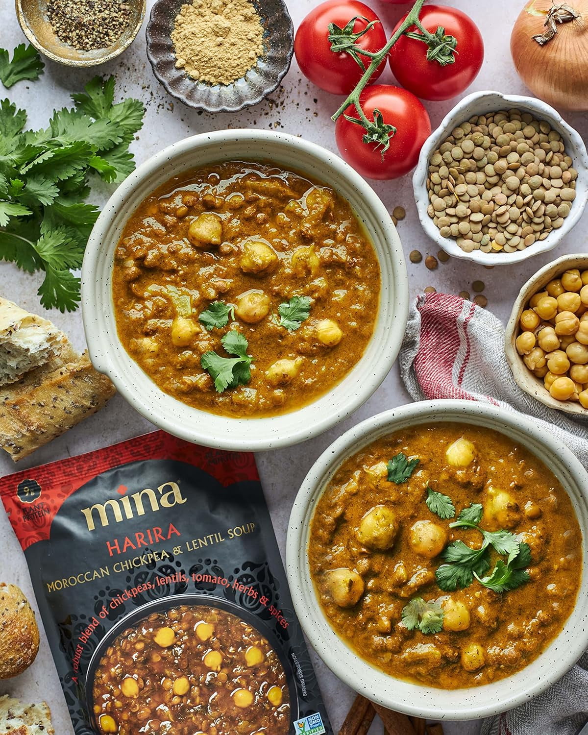 Mina Harira Moroccan Chickpeas & Lentils - 10 oz, 6 Pack, Vegan Lentil Soup, Ready to Eat Meals