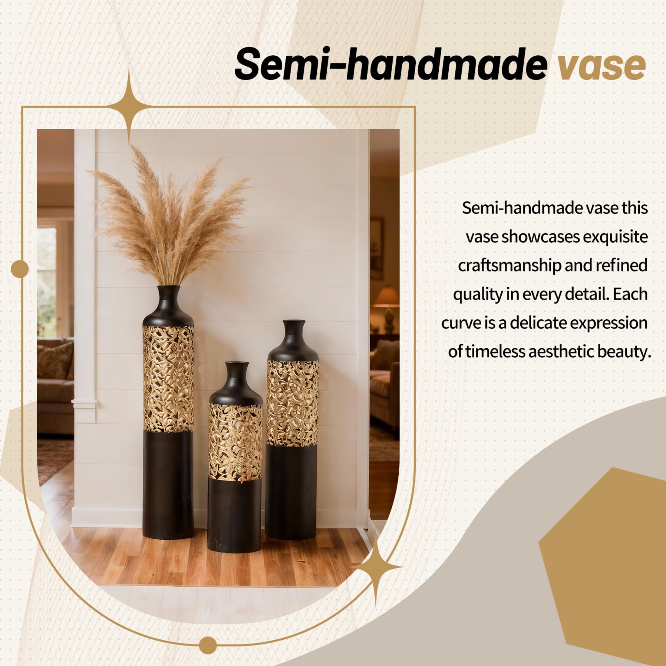 Noble House 20.8", 24.8", 28.7" Metal Floor Vase Set of 3, Cutout Geometric Vases, Black+Gold