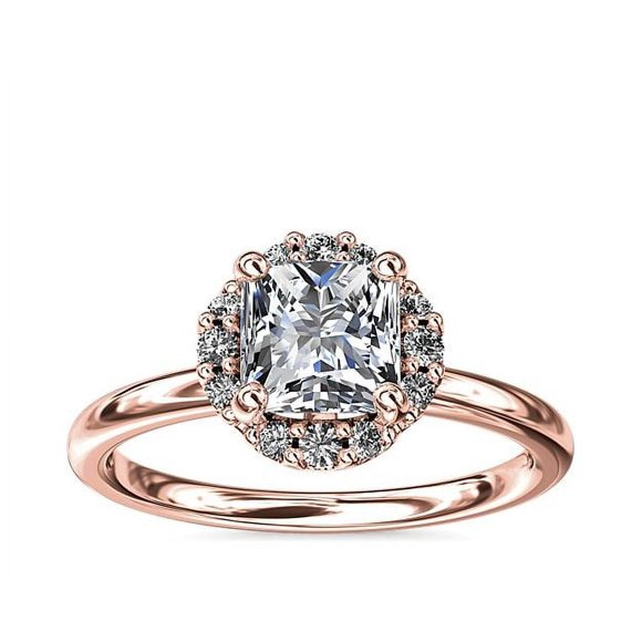 0,90 Ct P.t. Forme Princesse Diamond Naturel Dernier Design Halo Bague de Fiançailles pour Femmes Or Rose Massif 14K Taille 8