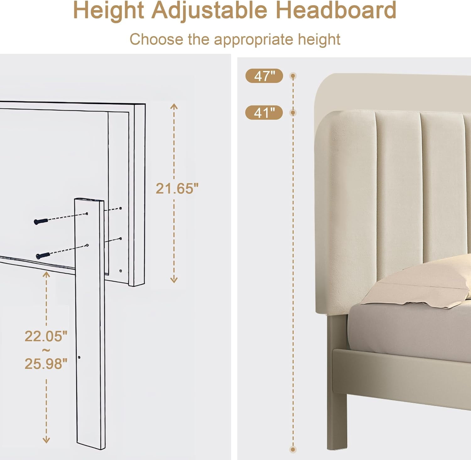 Taomika, Queen Size Upholstered Platform Bed Frame with Adjustable Headboard-Beige