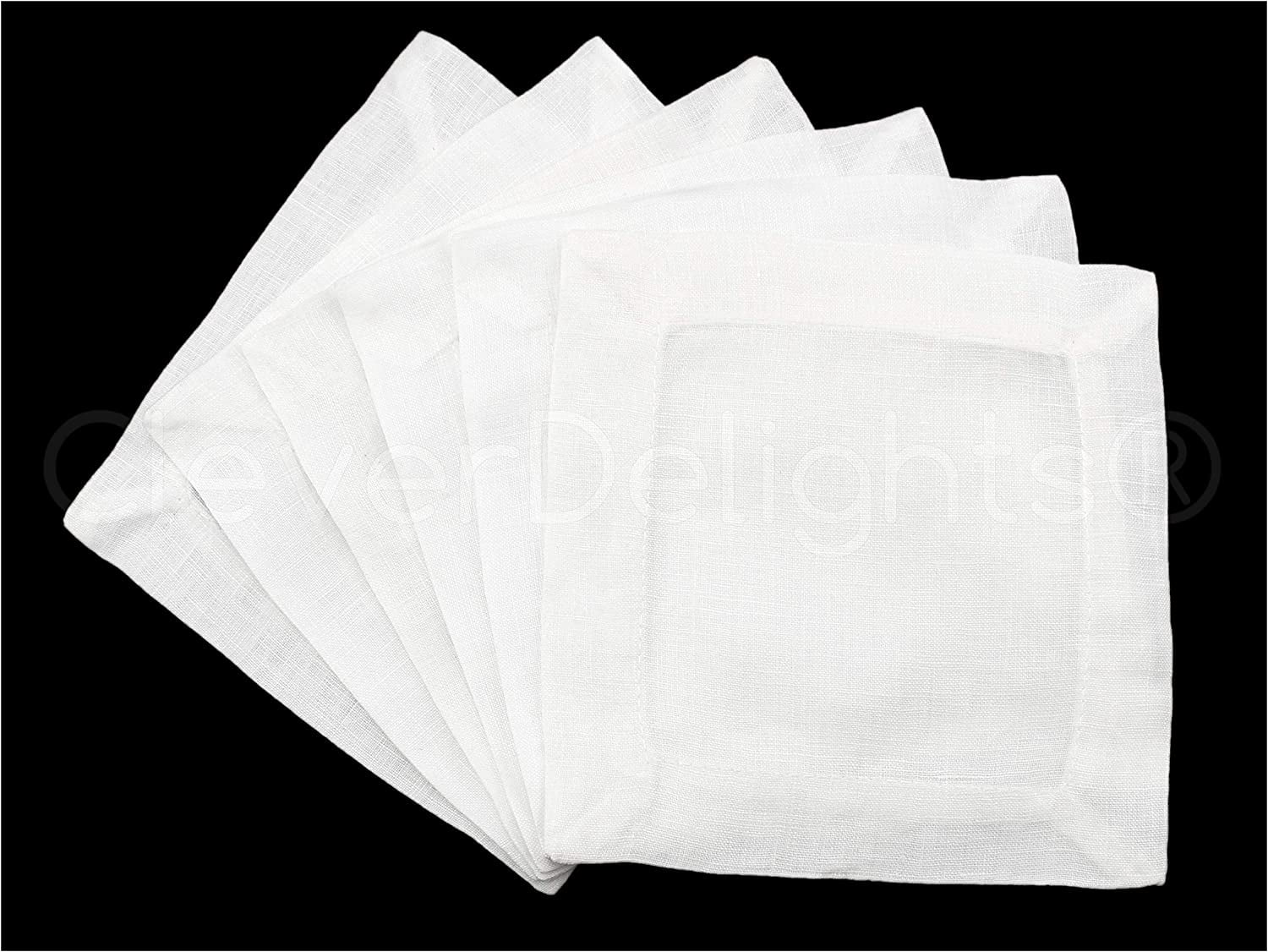 6' White Cocktail Napkins 100 Linen 12 Pack Cloth Embroidery