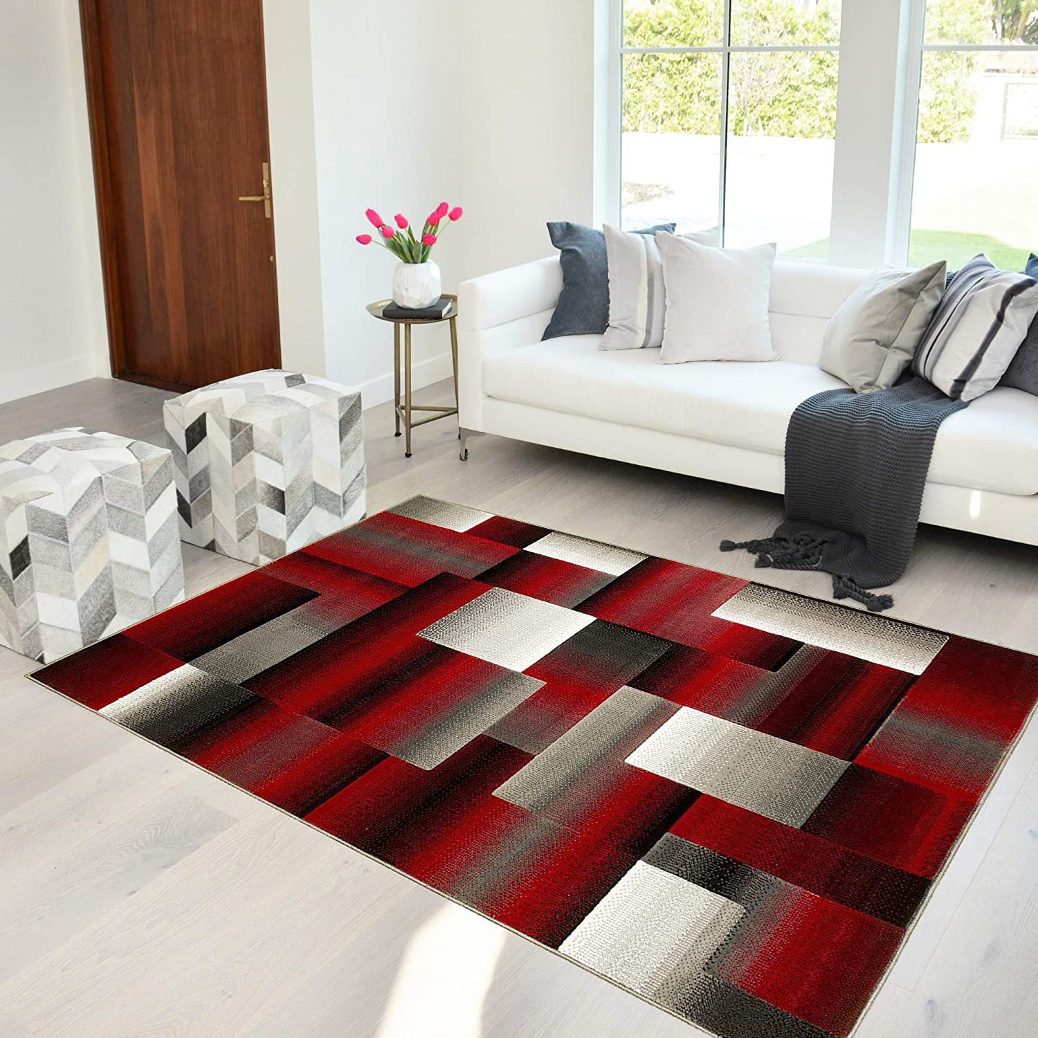Modern Geometric Red Area Rug 2x8 Contemporary Runner Approx 1' 10" x 7' 3" 