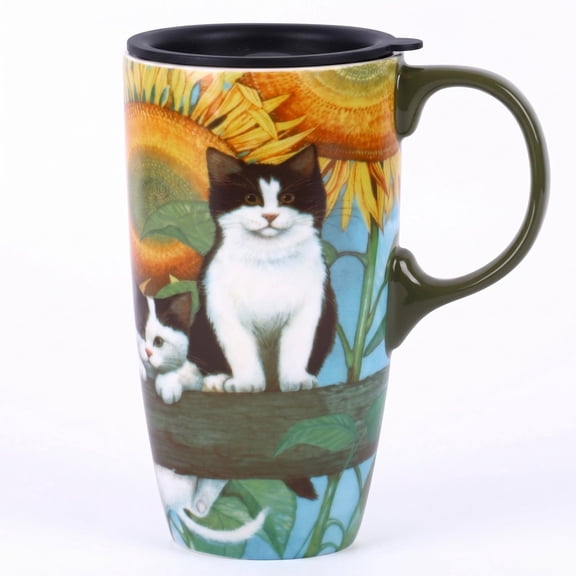 Topadorn Sunflower & Black-White Cat Ceramic Travel Mug, 17oz, Whimsical Floral Print, Spill-Resistant Lid, Microwave/Dishwasher/Oven Safe, Gift Boxed