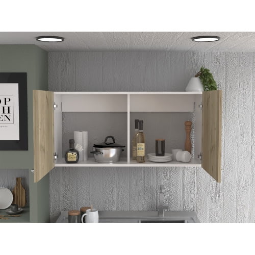 Cterwk Wall Cabinet, Two Shelves, Double Door -White / Light Oak