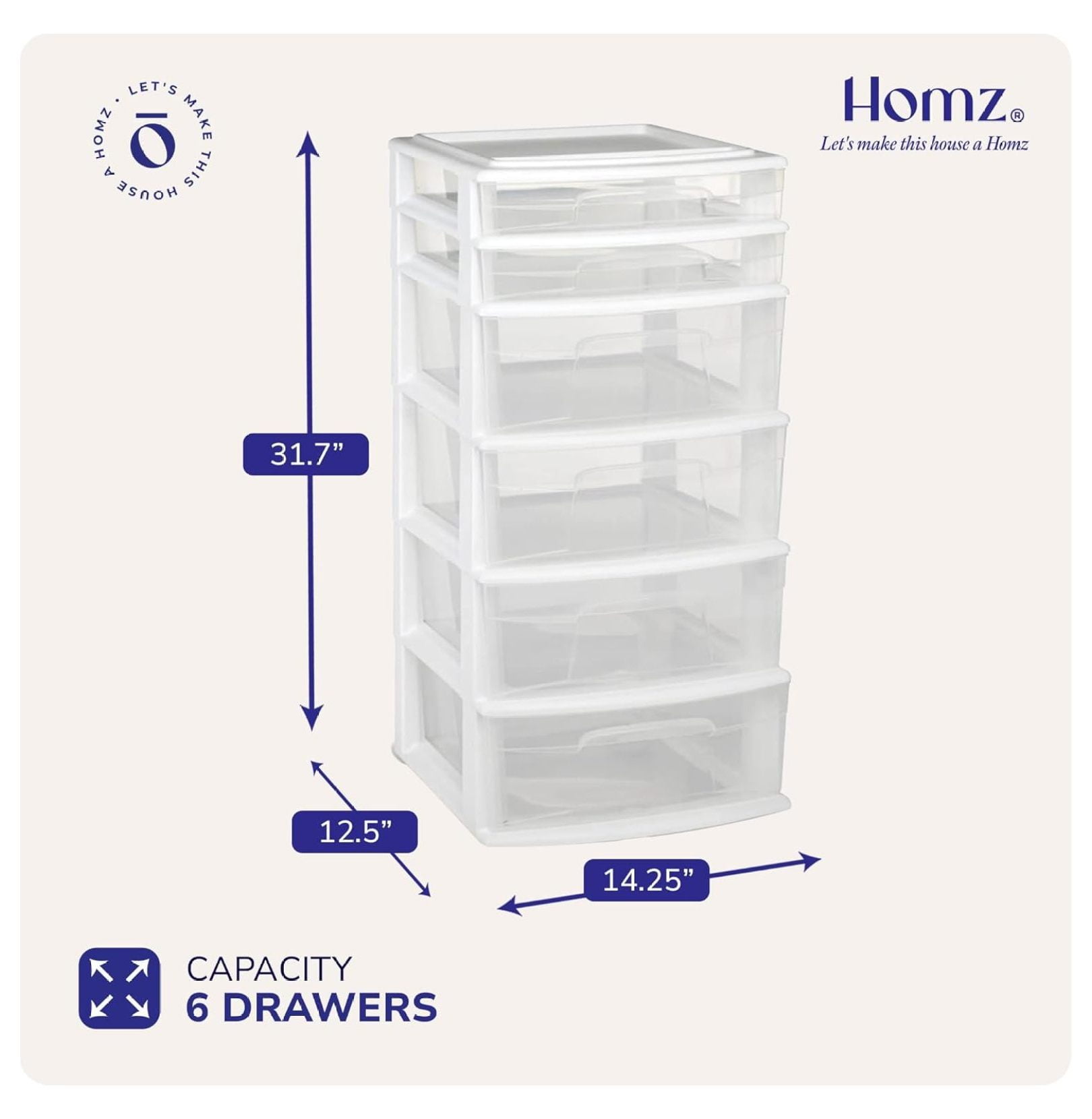 Drawer Tower, 6-Tier Clear Plastic Storage Organizer Cart, White Frame - Heavy-Duty Organizing Drawers for Home, Bedroom, and Closet Organization