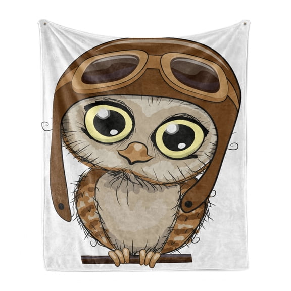 Owls Soft Flannel Fleece Throw Blanket, Owl in Pilot Hat Big Eyes Caricature Characters Wildlife Humor Comic, Cozy Plush for Indoor and Outdoor Use, 50" x 70", Yellow Brown Cocoa, by Ambesonne