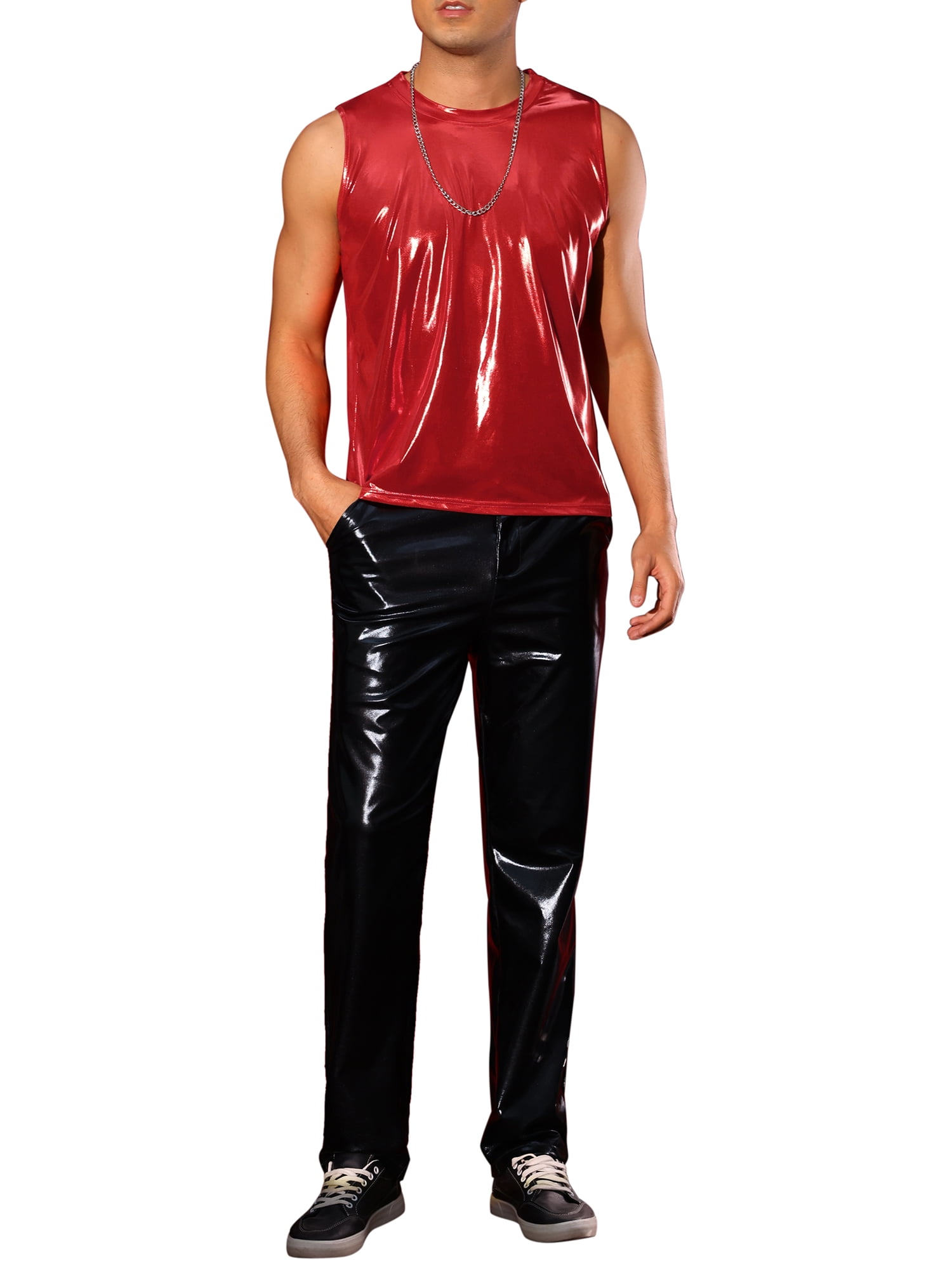 INSPIRE CHIC Metallic Tank Tops for Men's Holographic Sleeveless T-Shirt Disco Party Shiny Vest XL Red