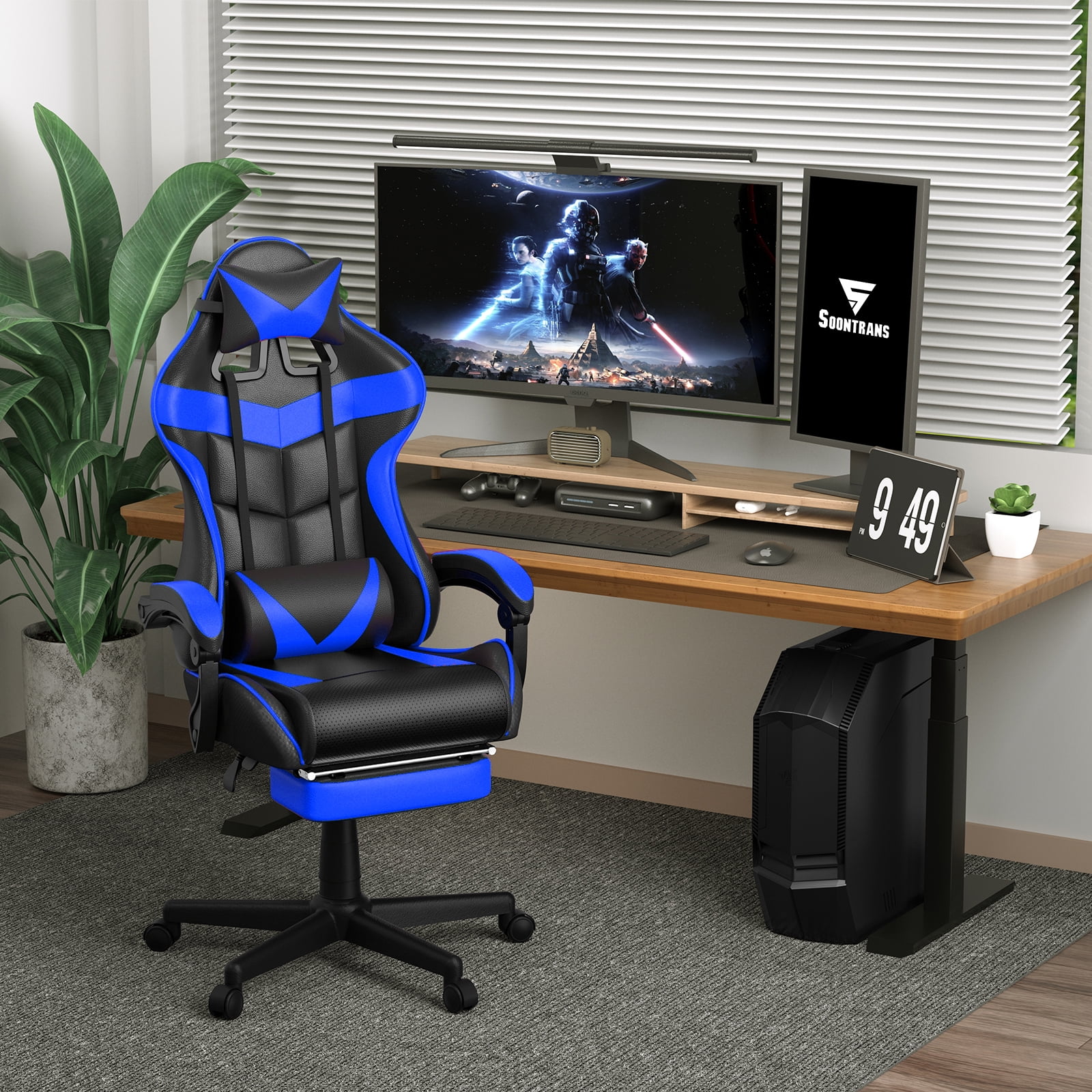 Luxvie Gaming Chair with Footrest High Back Ergonomic Game Chair with Massage Lumbar Pillow and Adjustable Headrest Reclining Gamer Office Chair for Adults, Blue