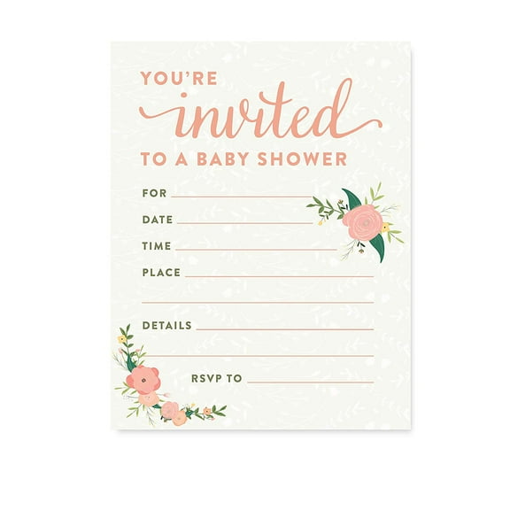Floral Roses Girl Baby Shower Blank Invitations, 20ct