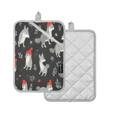 

2 Pcs Pot Holders Sets Oven Mitts Square Potholders Oven Hot Pads Heat Resistant for Kitchen Cooking Baking 7 x9.8 Gray Hedgehog with Red Hat