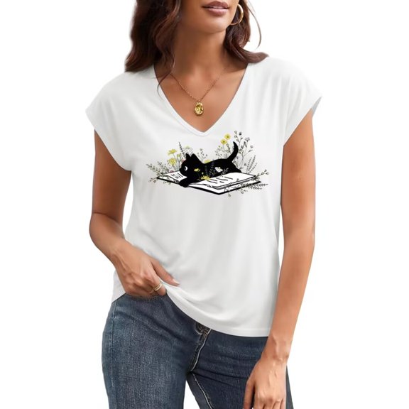 UNISHE Women's Black Cat Reading Book with Wildflowers Graphic V Neck Short Sleeve T-Shirt Casual Tees Tops