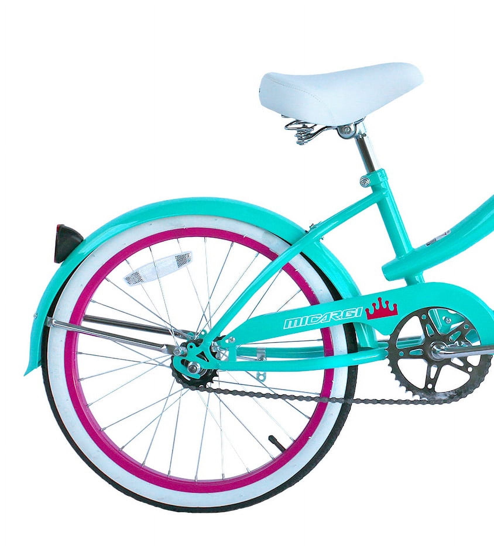 Wonder Wheels 20" Beach Cruiser Steel Frame Tiffany Blue, Coaster Brake, Alloy Rims Pink 36H, Stainless Steel Spokes, One Piece Crank, Tire White Wall, Seat & Grip White, Fender - Blue & Pink