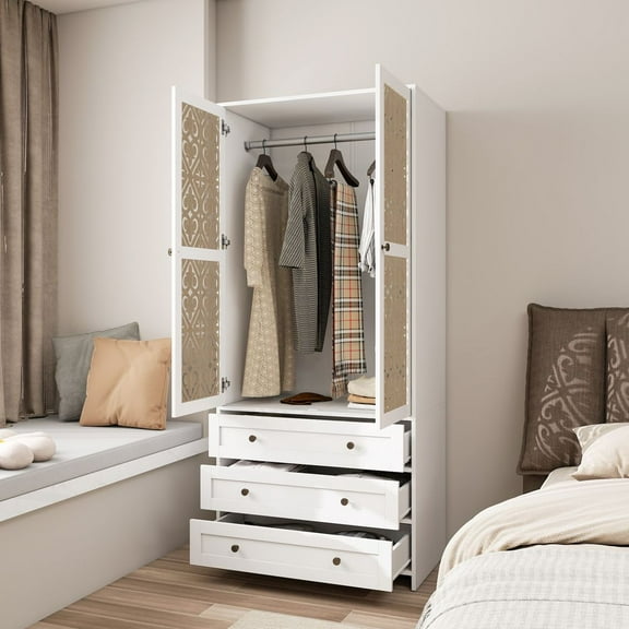 WARMMUSE Wardrobe Closet, Modern Wood  2-Door 3-Drawer Armoires and Wardrobes w/ Hollow Pattern,  Clothes Hanging Rod,  31.4" W x 18.9" D x 71.0" H, White
