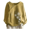 thumbnail image 2 of Baqcunre Long Sleeve Shirts For Women Womens Tops Long Sleeve Printed Cotton And Linen Taraxacum Printed Buttons O Neck T Shirt Blouse Womens T Shirts Womens Blouses Yellow XL, 2 of 9
