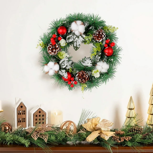 xihome Corona navideña artificial de pino de 76 cm con bolas doradas, piñas y bayas. Decoracin navideña para interiores y exteriores (puerta, pared).