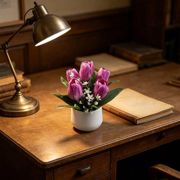 Tulipanes Artificiales En Miniatura En Maceta – Flores Artificiales En Maceta para Decoración de Escritorio, Bonsái de Planta Verde Artificial para Estante o Mesa.