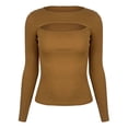 thumbnail image 3 of DuoJiaJ Women's Solid Color Sexy Tight Navelless Long Sleeve Half High Neck T Shirt Top Womenâs -Free Button-Down Shirts Brown, 3 of 5