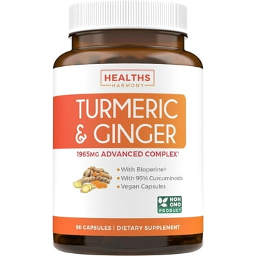 Healths Harmony Turmeric Curcumin and Ginger Supplement, 95% Curcuminoids & Bioperine (NON-GMO & Vegan) - Better Absorption with Black Pepper Extract - 90 Capsules - No Pills