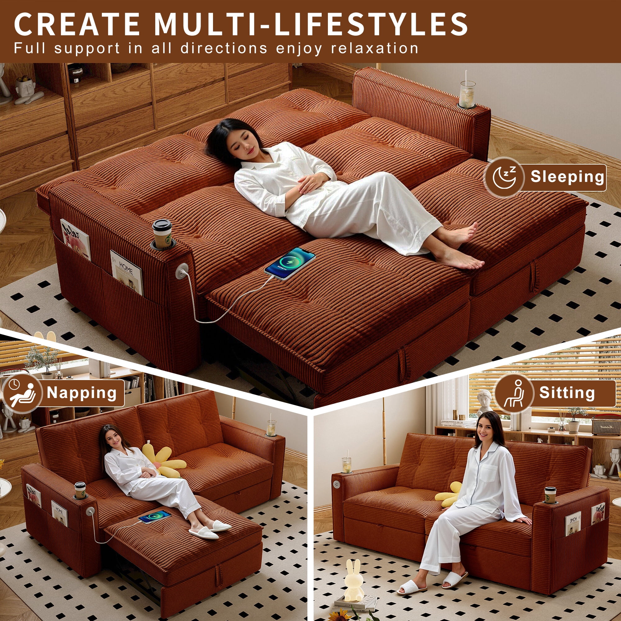 LLappuil 73" Pull Out Sofa Bed Queen Size, Loveseat Sofa Convertible Sleeper Sofa Bed, Corduroy Sofa Couch for Living Room Orange