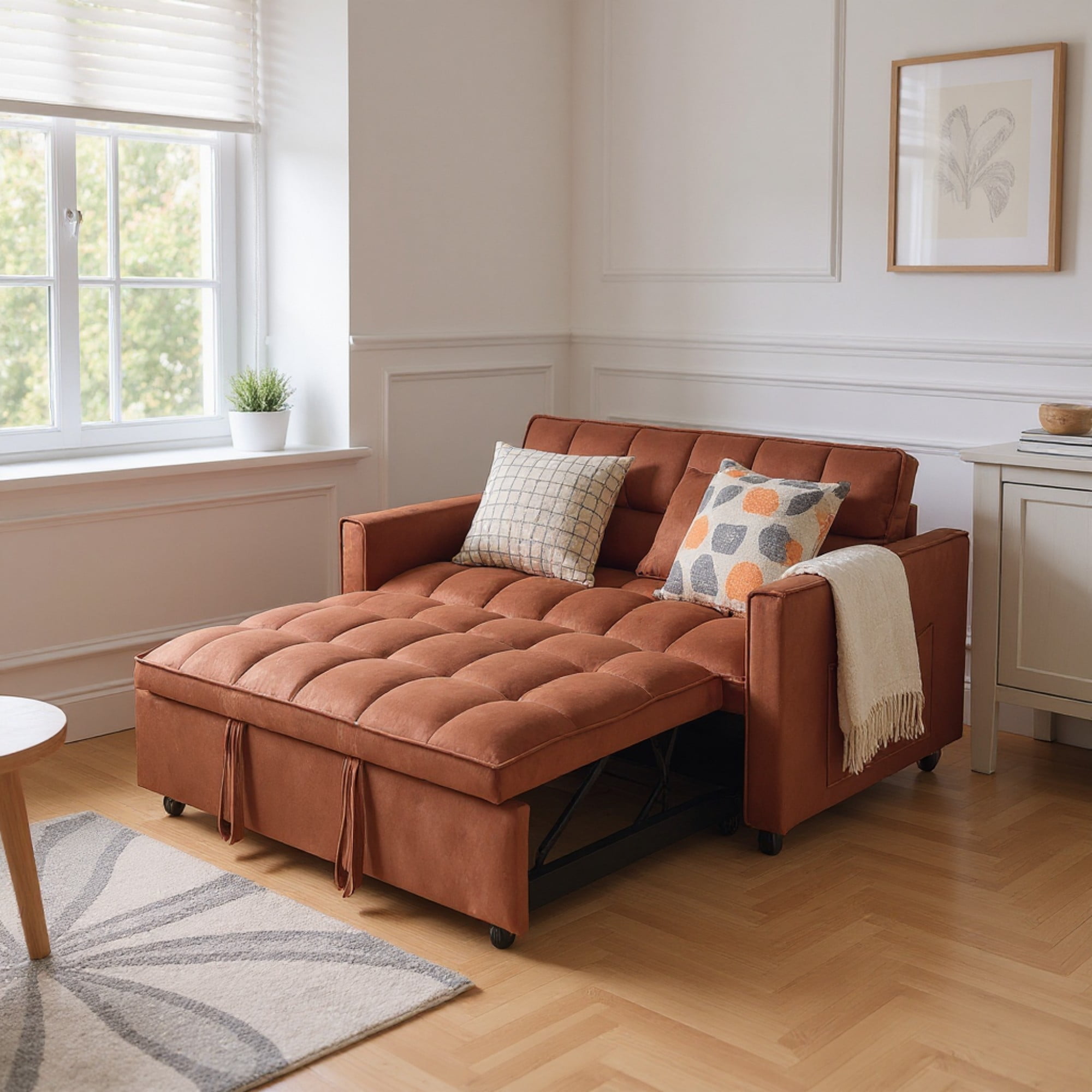 Gewnee 51.1 Inch Convertible Sofa Bed, Velvet Loveseat Sofa with Foldable Sofa Bed, Sleeper Sofa for Living Room or Office, Futon Sofa with Adjustable Backrest.Caramel Color