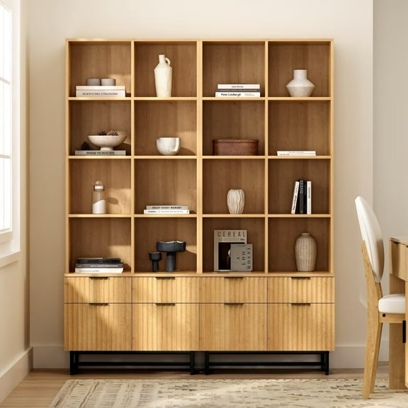 EYYTHUNG Fluted Bookshelves with Drawers Set of 2, 71-Inch Tall Versatile Modern Large Bookcase