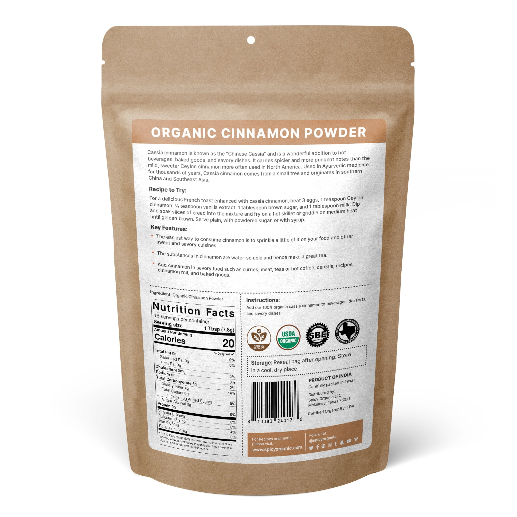 Organic Cinnamon Ground - 100% Pure, Non-GMO, Gluten-Free, and Certified Organic, Perfect for Cooking, Baking, and Beverages, Natural Sweetener and Flavor Enhancer