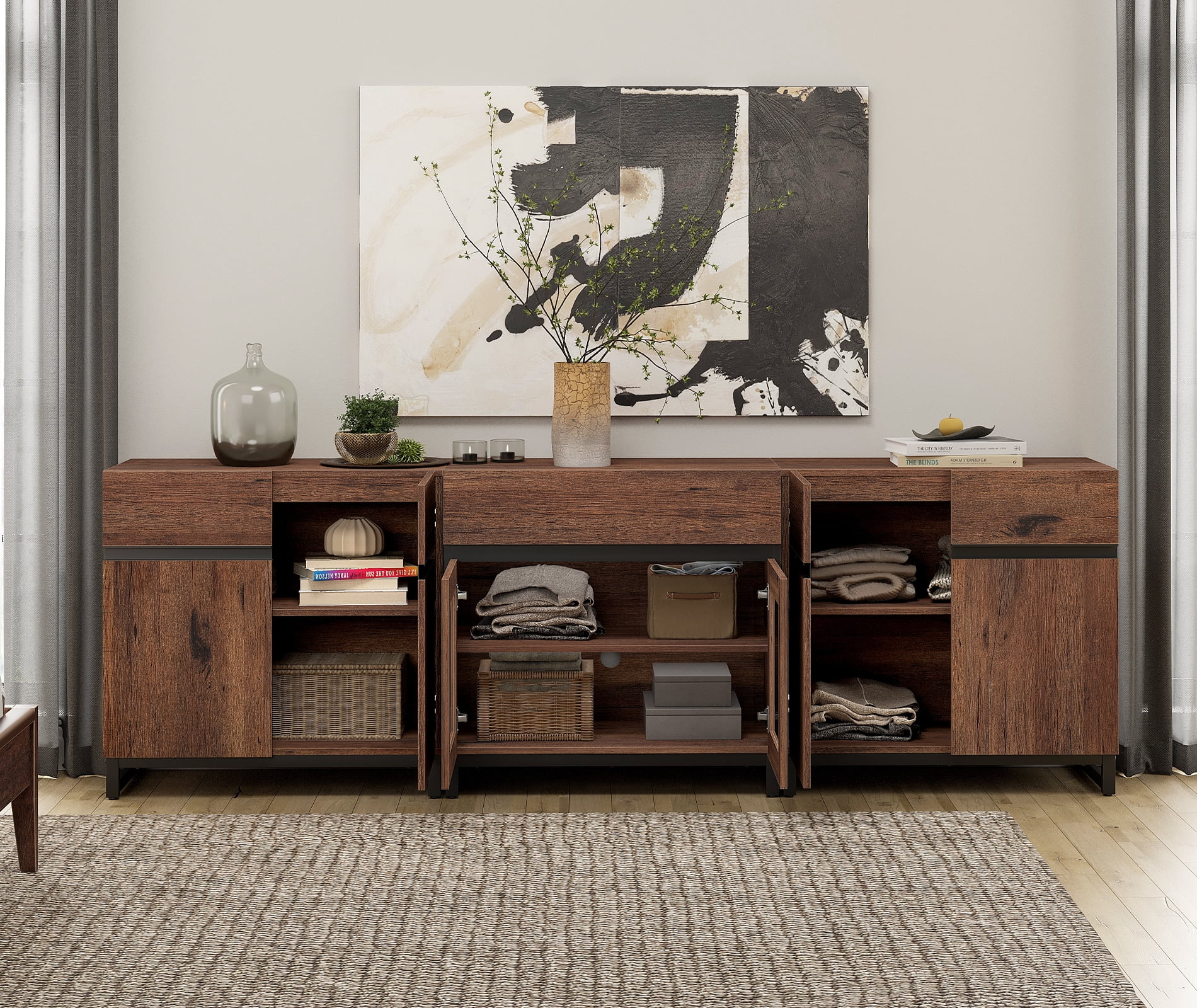 3 In 1 Modern Dresser with Glass Doors, Adjustable Shelves and Drawer, Metal Base Storage Cabinet, Multifunctional Chest Of Drawers for Bedroom Home Storage,Brown