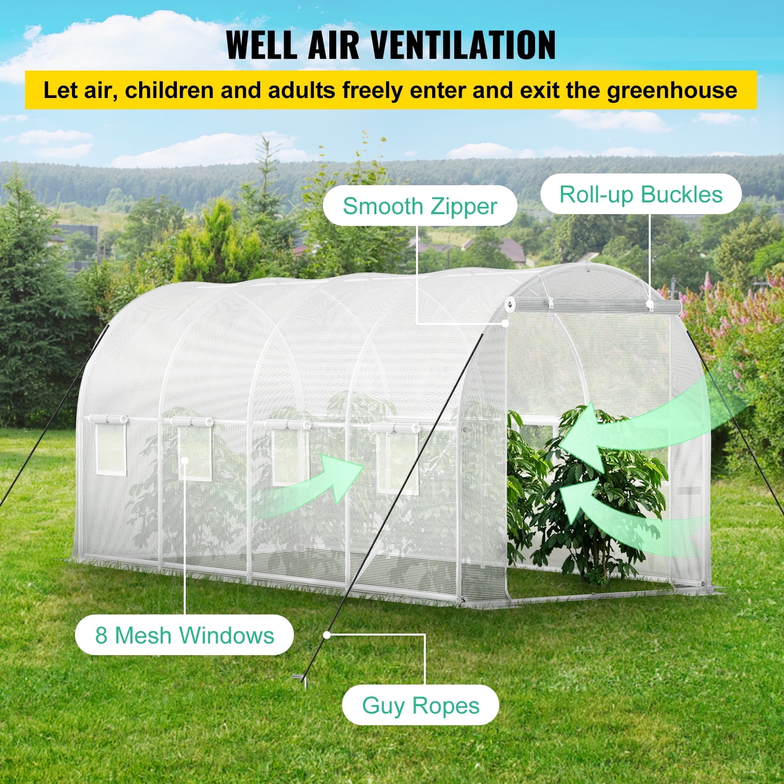 KFFKFF 15 x 6.5 x 7 ft Walk-through Tunnel Greenhouse, Movable Plant Warm House with Galvanized Steel Arches, Single Top Beam, Diagonal Rods, Zipper Entrance & 8 Roll-up Windows, White