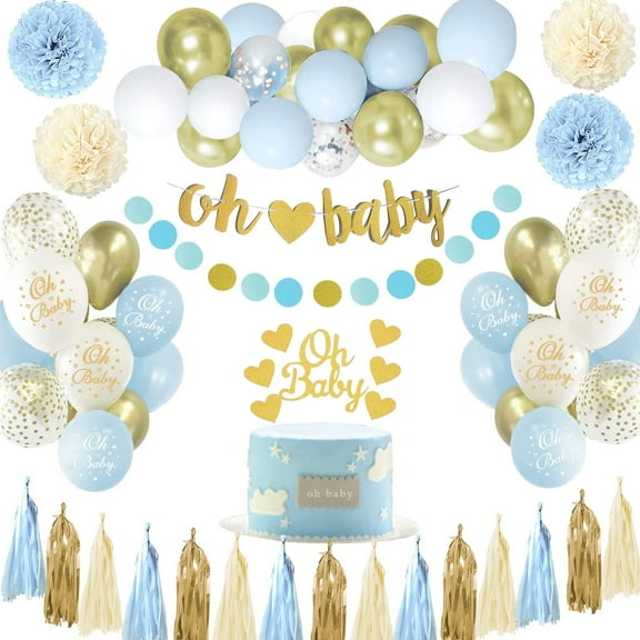 SPECOOL Baby Shower Decorations for Boy, Oh Baby Banner with Tissue Pompoms Tassels Blue White Party Balloons , Blue and White Oh Baby Shower Decorations