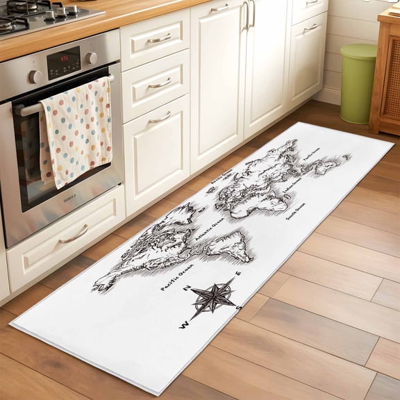Sea Map Runner Rugs 2x6 ft Vintage Black White Nautical Travel World Map Compass Washable Hallway Rugs Non-Slip Floor Mats Absorbent Carpet Bedside Runners for Bedroom Kitchen Bathroom Laundry Room