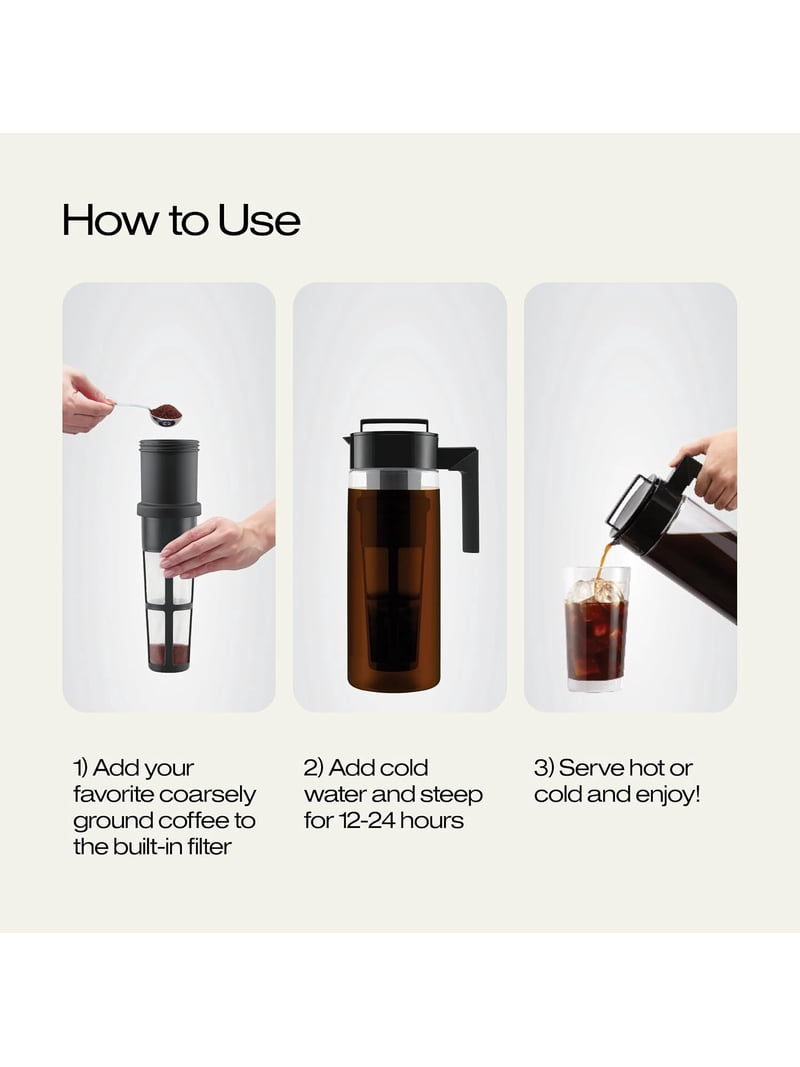 Takeya, Cold Brew Coffee Maker, 2 Quart, Airtight Black Lid