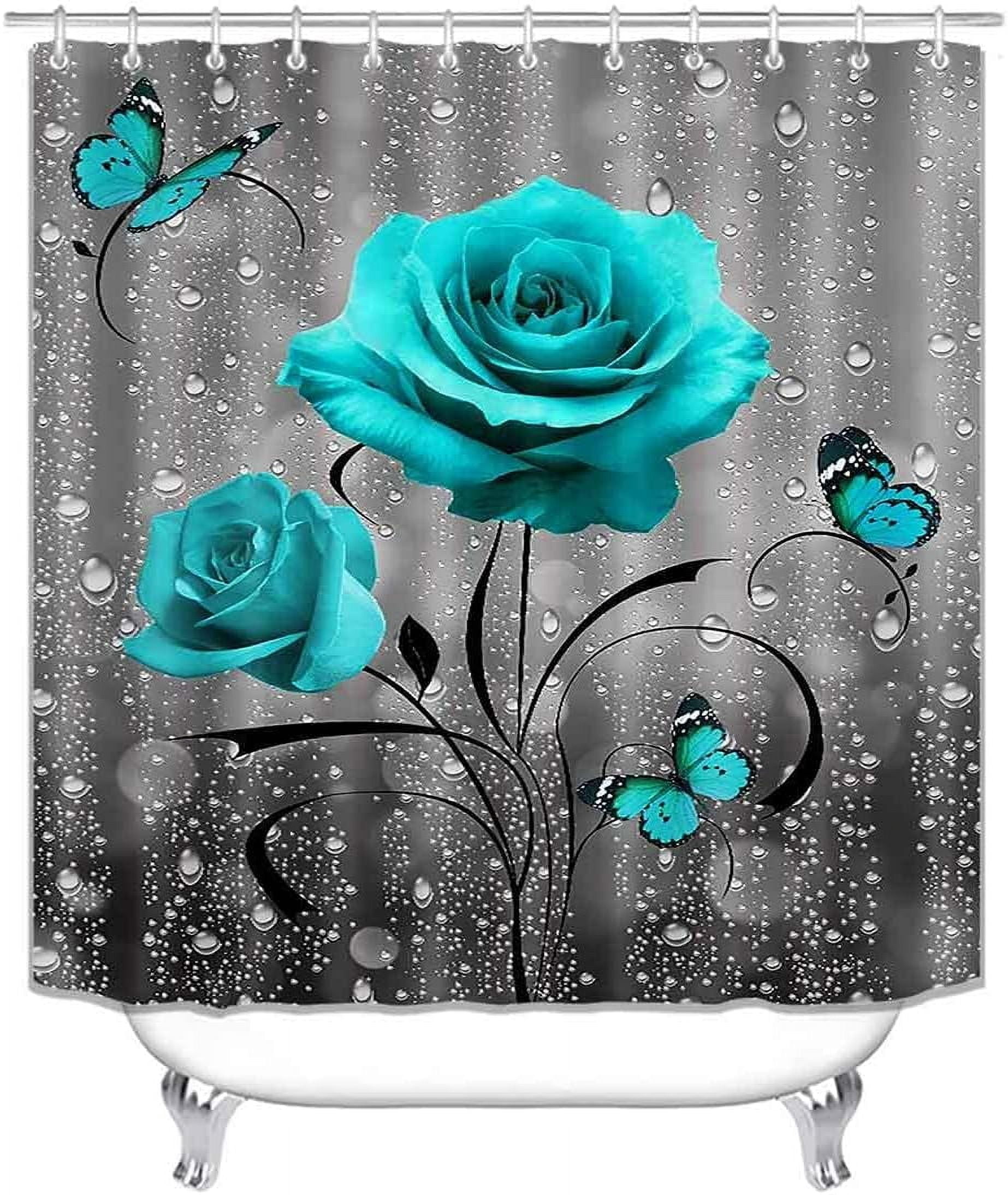 4PCS Farmhouse Shower Curtain Set, Bless This Home Cotton Flower Teal Pitcher Vase Moroccan Country Rustic Bathroom Decor, Waterproof Fabric White Shower Curtain, Non-Slip Bath Mat Toilet Rug