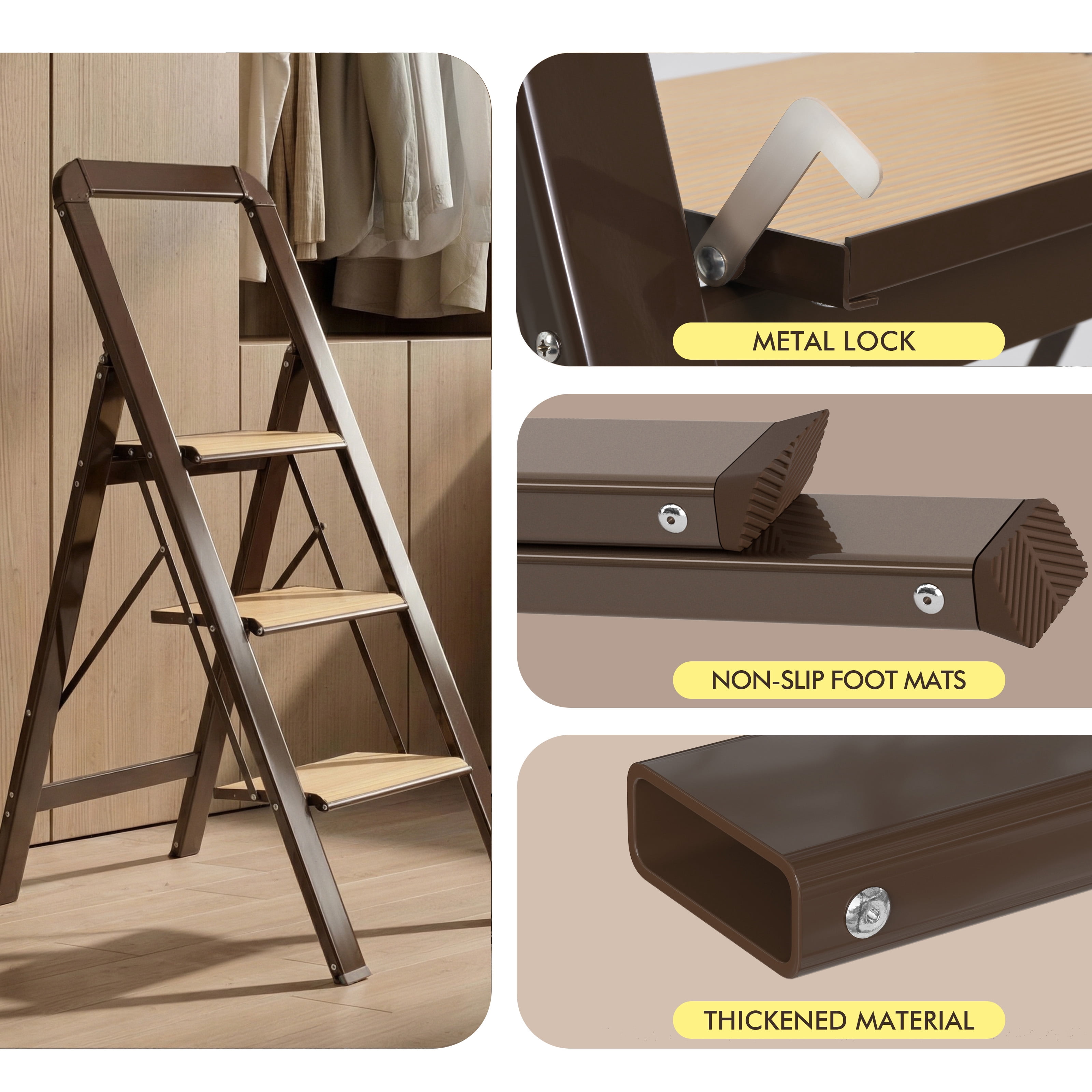 3 Step Folding Ladder 450 lbs Capacity Aluminum Alloy with Handrails Non-Slip for Home Kitchen Garage