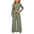 thumbnail image 2 of Xdegoge Girls 2 Piece Outfits Striped Ribbed Knit Long Sleeve Crop Top and Wide Leg Pants Set Casual Lounge Sweatsuits for Kids Fall Wear, 2 of 9