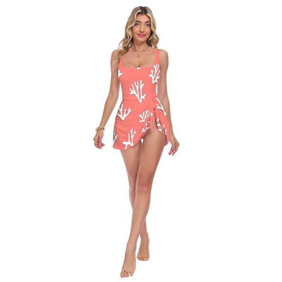 Womens White Coral on Orange Pattern Print 2-in-1 Swim Dress Detachable Skirt One-Piece Swimsuit Square Neck S-XXL