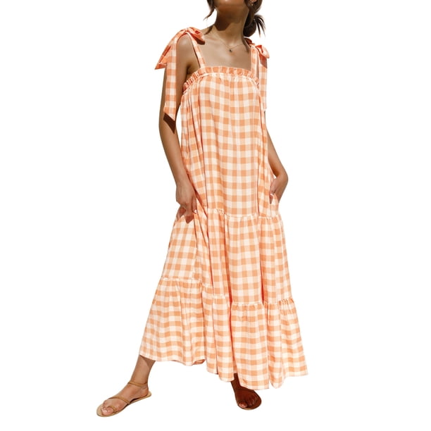 SAYOO Vestido largo sin mangas para mujer, estampado a cuadros, con lazo, sin espalda, vestido holgado SAYOO S-XL