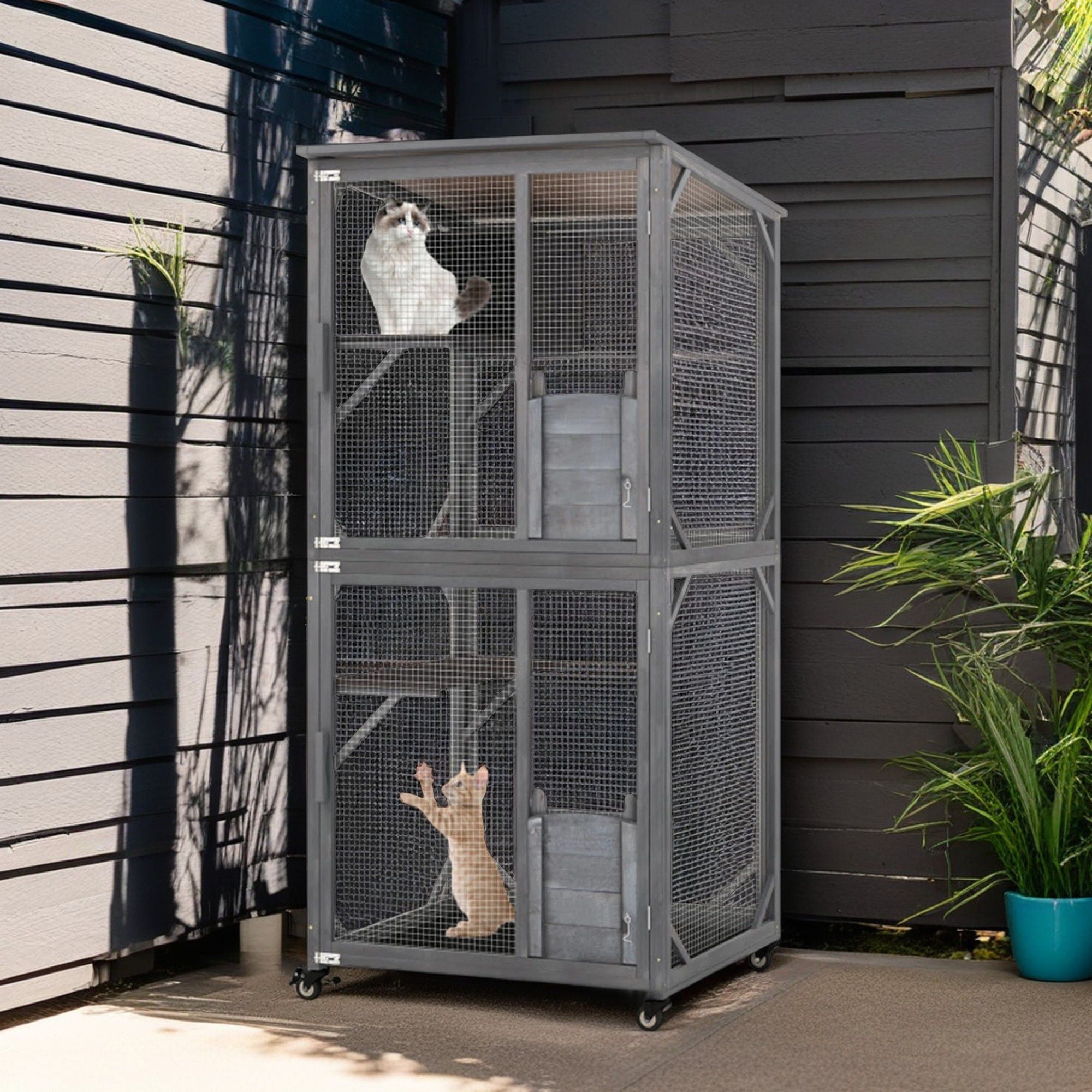 Pefilos 72" Outdoor Cat House Catio Cat Enclosures on Wheels Kitty House with Resting Box,Waterproof Asphalt Roof, Gray